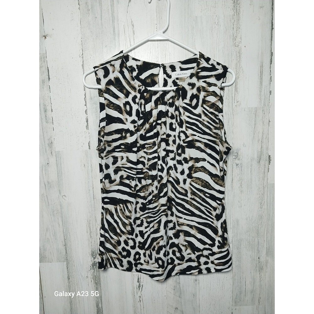 Calvin Klein Animal Printed Gathered Neck Sleeveless Blouse Size Med